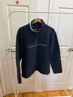 Tommy Hilfiger Navy Fleece Quarter-Zip Pullover with Red & White Collar Stripes